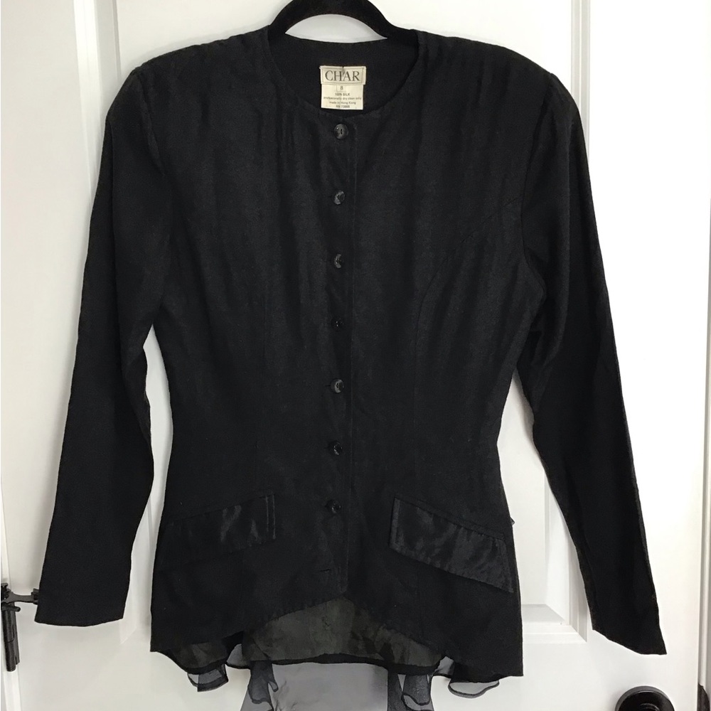 Vintage Char Button Up Collared Black Blazer Long Sleeve 100% Silk Size 8
